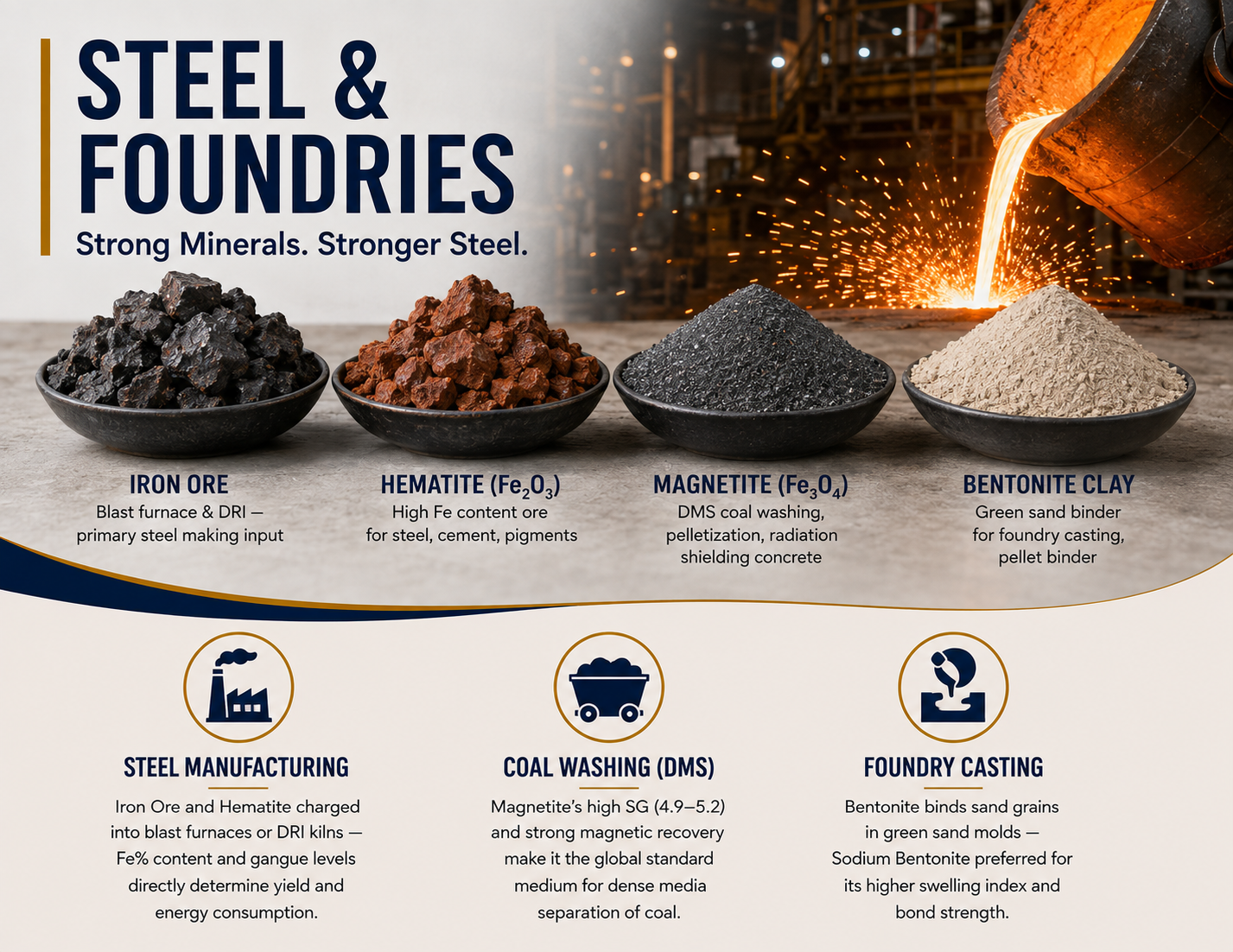 Steel foundry iron ore magnetite hematite bentonite